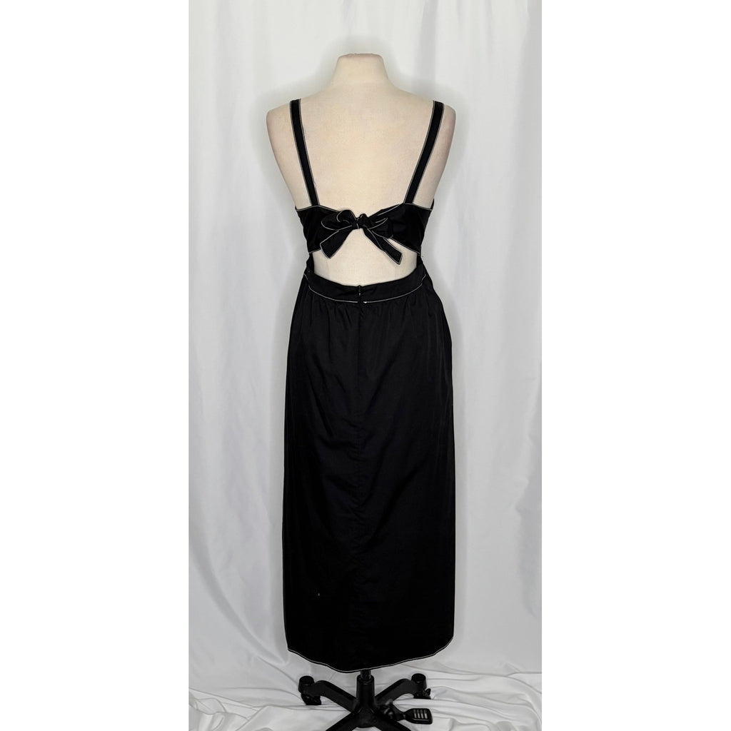 ZARA Luiza Black Midi Dress Tie Back Contrast Stitching Pockets Poplin X-Large