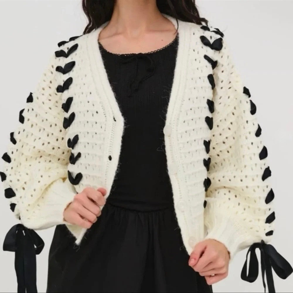 FOR LOVE & LEMONS Laurel Cardigan Sweater Office White Black Ribbons X-Small