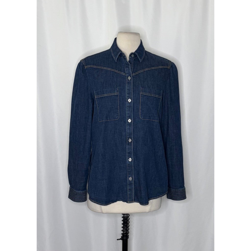 Women's UNTUCKIT Jenna Buttondown Denim Shirt Top Pockets Dark Wash Preppy 8