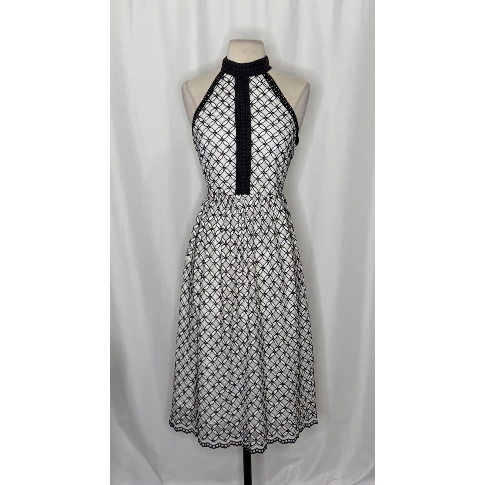 Anthropologie ERI + ALI Ninetta Lace Dress Halter Neck Black White Lacey Size 4