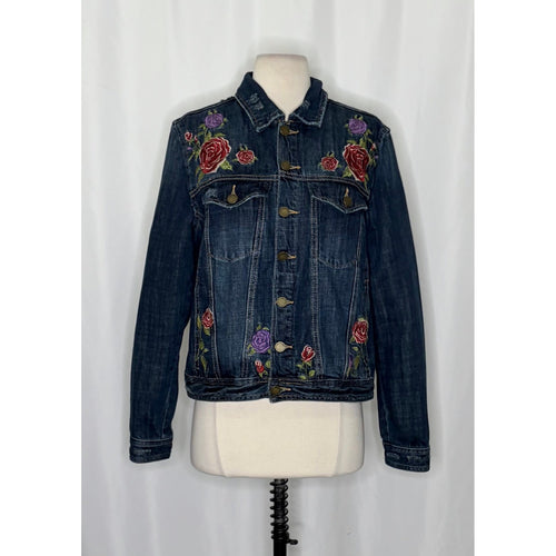 BLANK NYC Floral Embroidered Denim Jean Jacket Distressed Pockets Buttons Medium