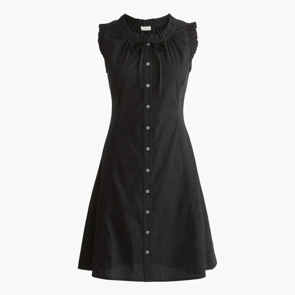 NWT!! J. CREW Factory Ruffle Tie Neck Mini Dress Solid Black Preppy Shift 18