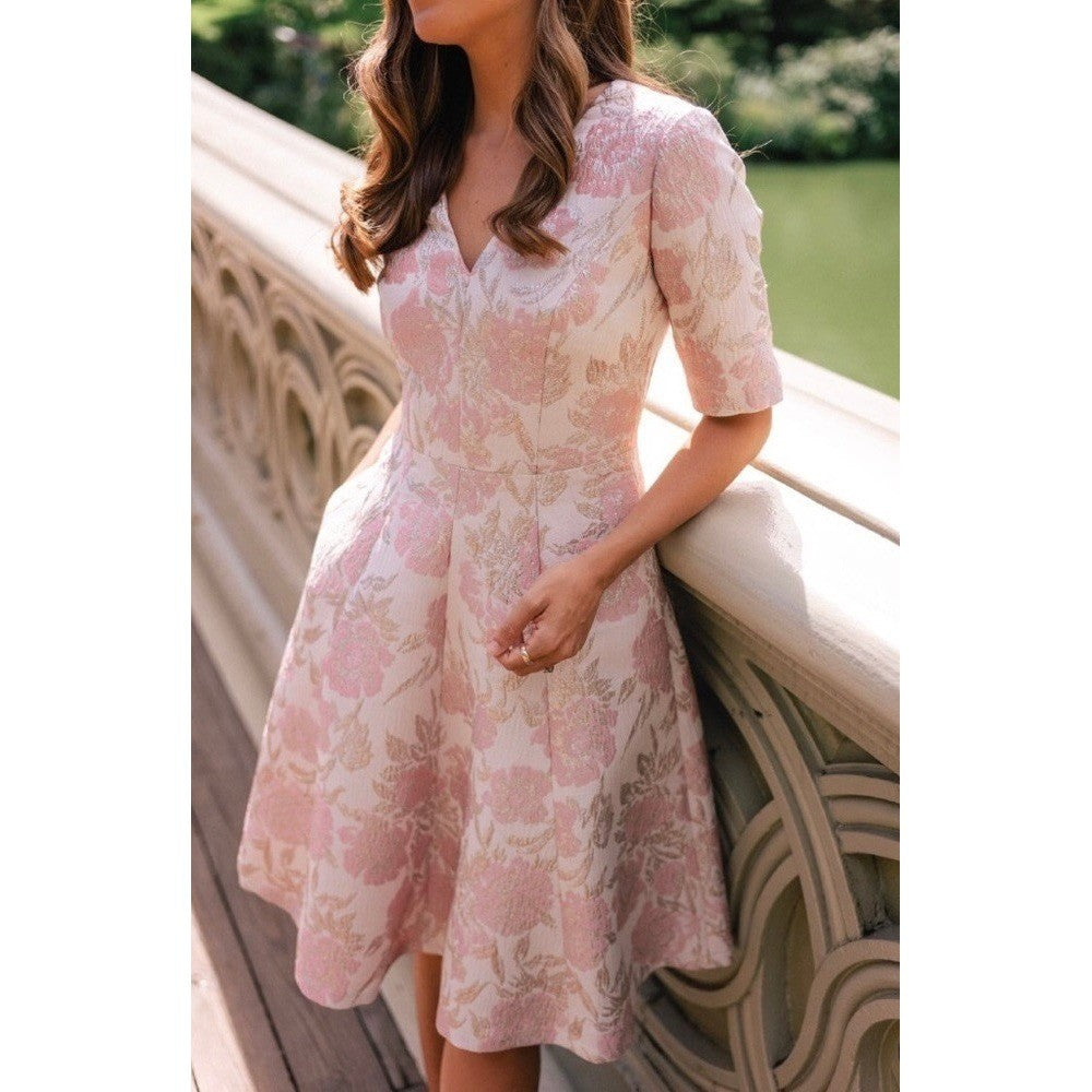 GAL MEETS GLAM Adair Pink Pearl Floral Jacquard Dress Fit N' Flare Pockets 8