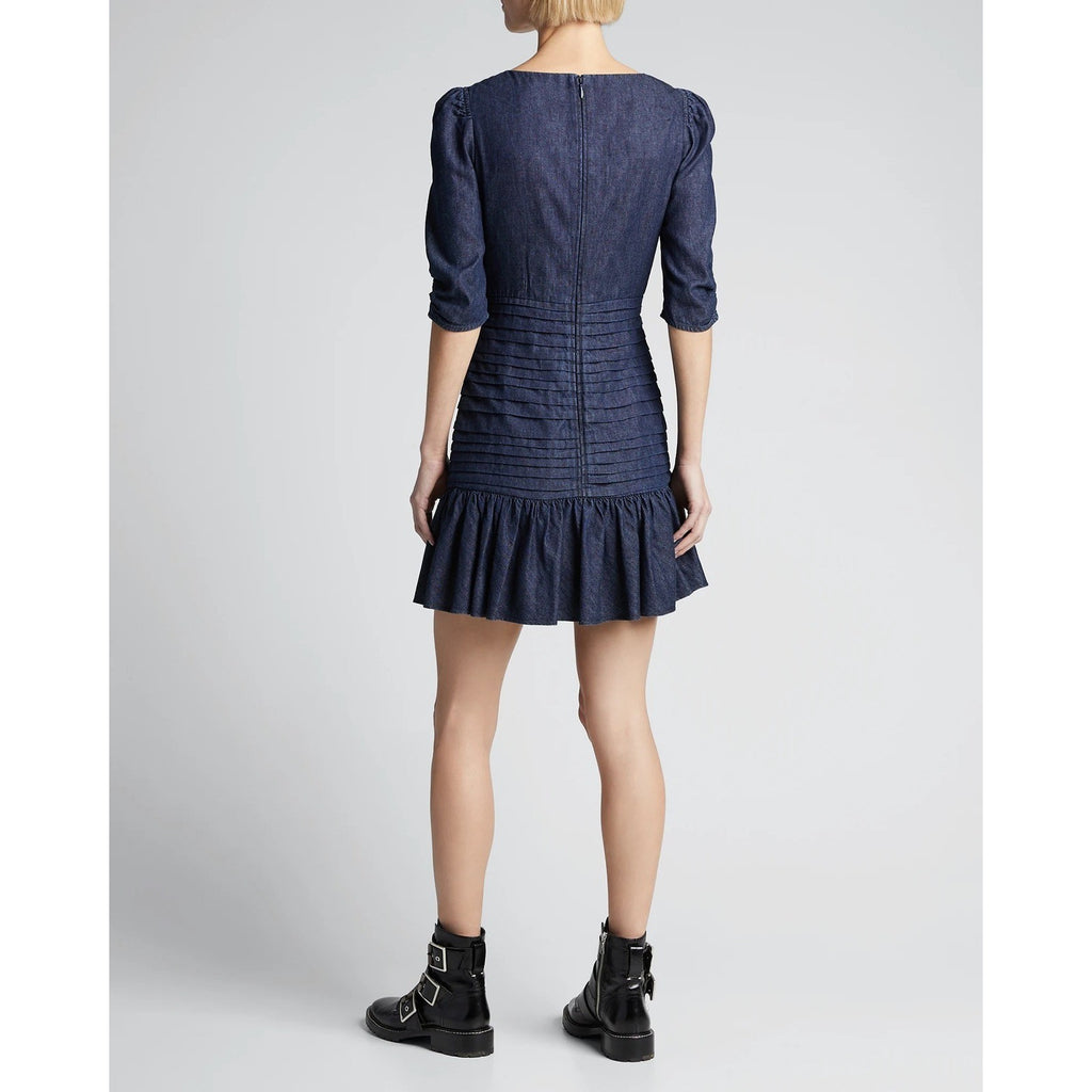 TANYA TAYLOR Pansy Dress Blue Denim Pleated Mini Puffed Sleeves Flirty Size 6