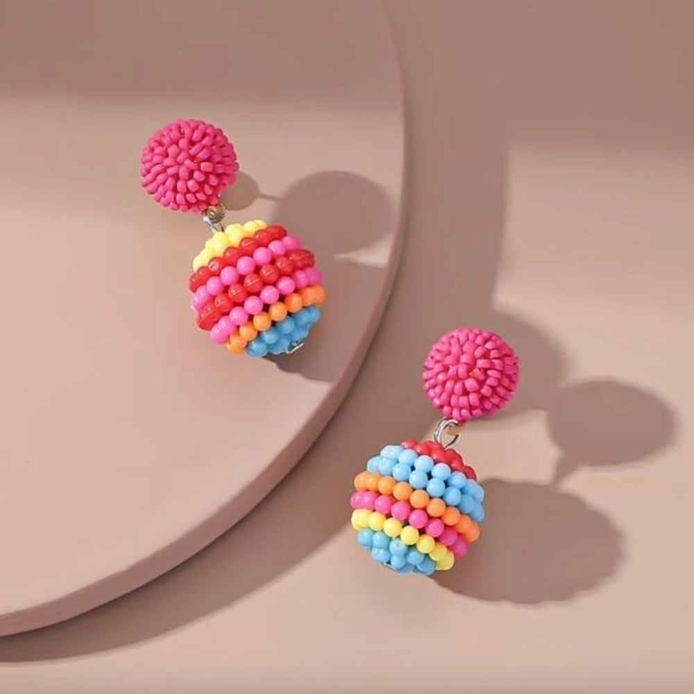 Colorful Beaded Ball Drop Earrings Multicolor Rainbow Festival Boho Vacation
