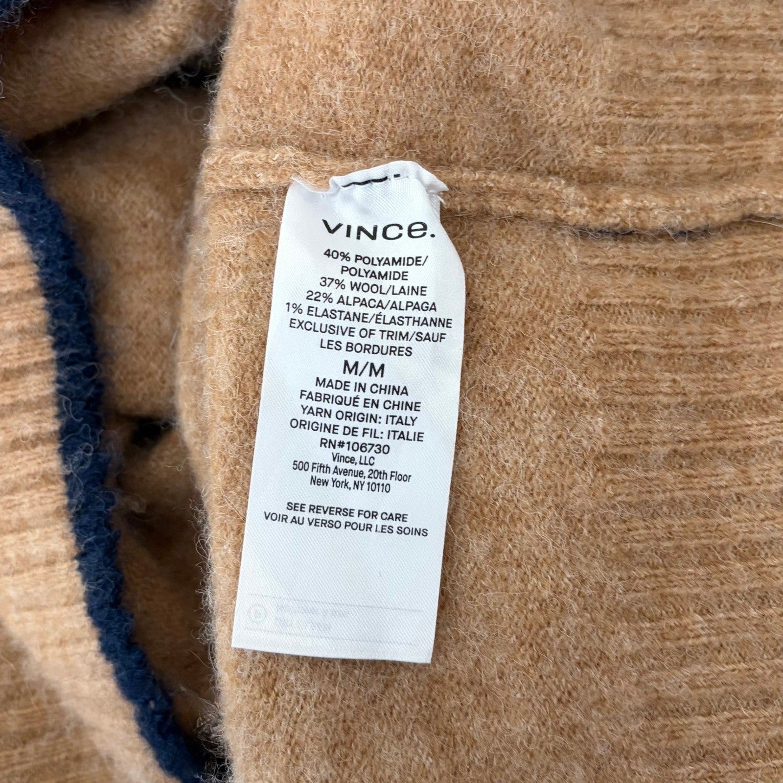 VINCE Contrast Tip Wool Alpaca Pullover Sweater Camel Brown Navy Blue Medium