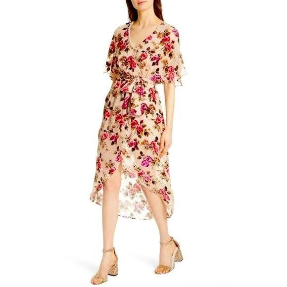 ALICE + OLIVIA Clarine Floral Velvet Burnout Faux Wrap Midi Dress Size 0
