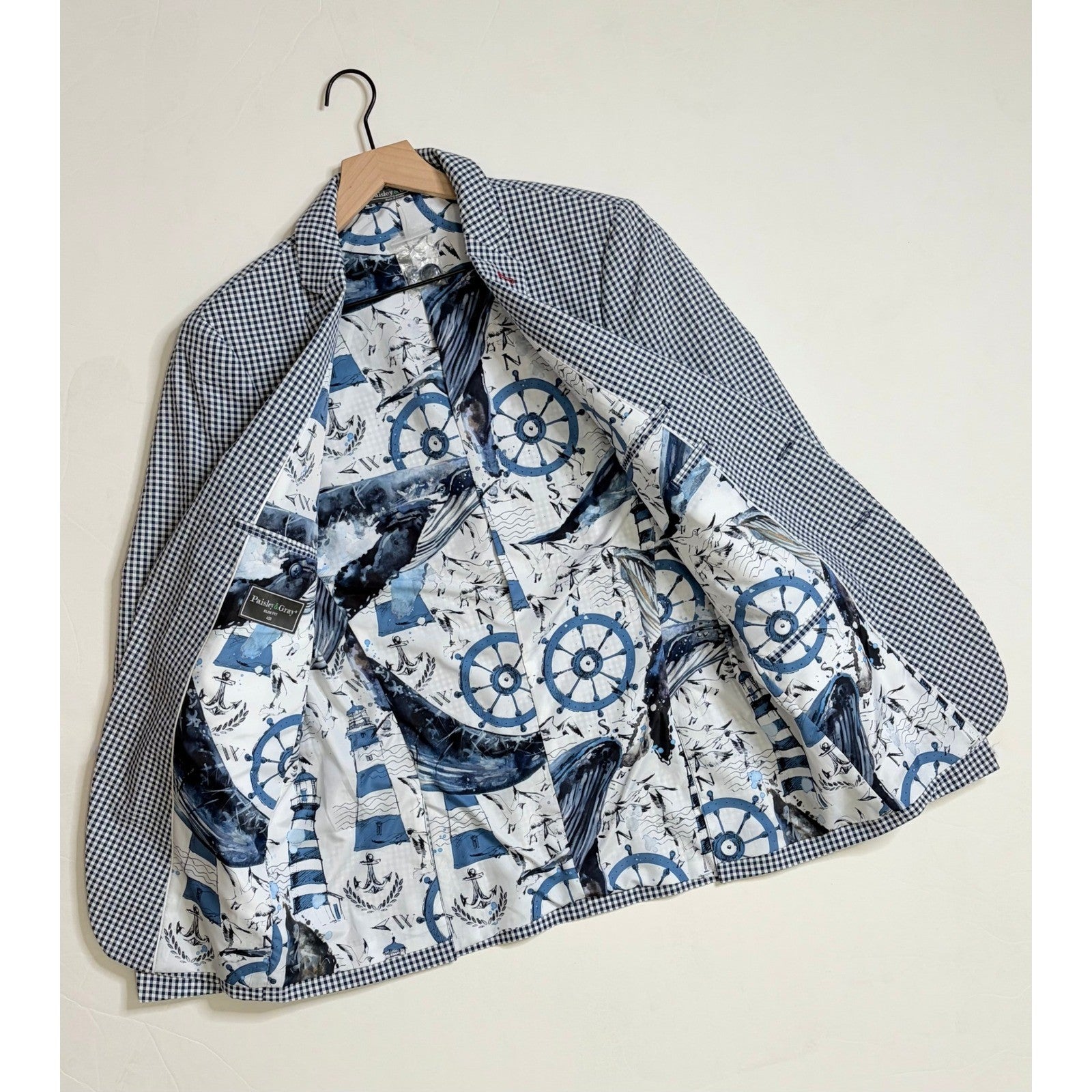 NEW! PAISLEY & GRAY Gingham Peak Two Button Blazer Blue White Nautical Lined 40R