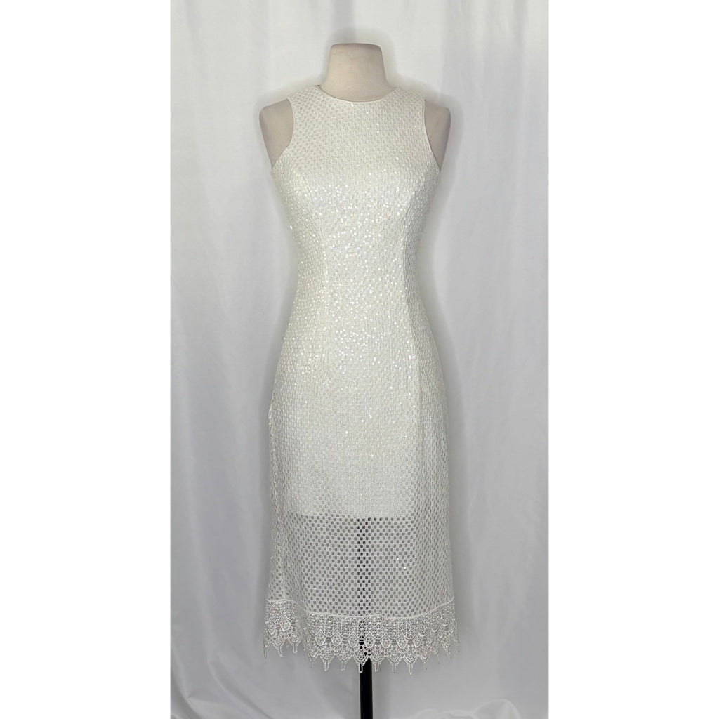 DRESS THE POPULATION Alina Sequin Crochet Lace Midi Dress Bridal White Small