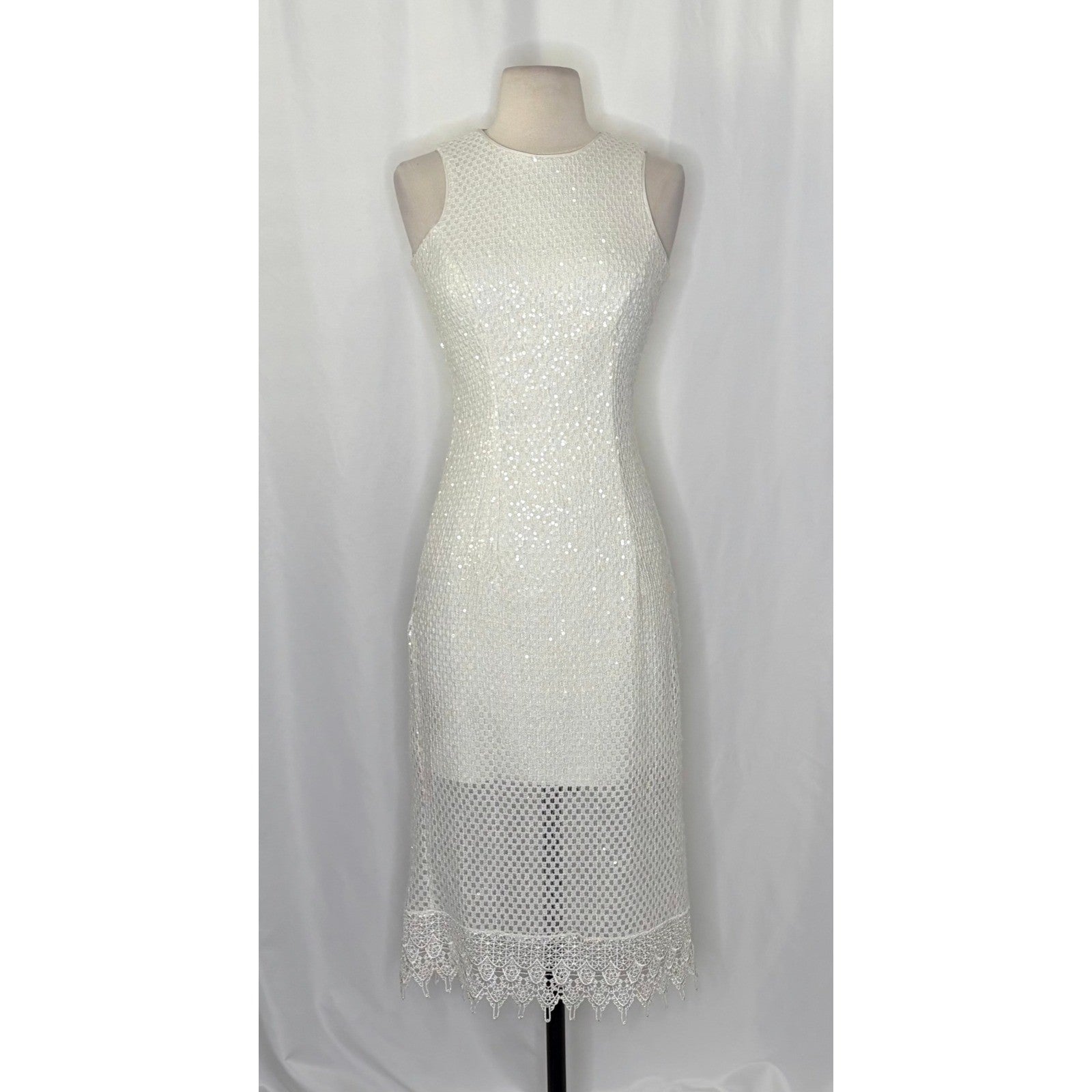 DRESS THE POPULATION Alina Sequin Crochet Lace Midi Dress Bridal White Small
