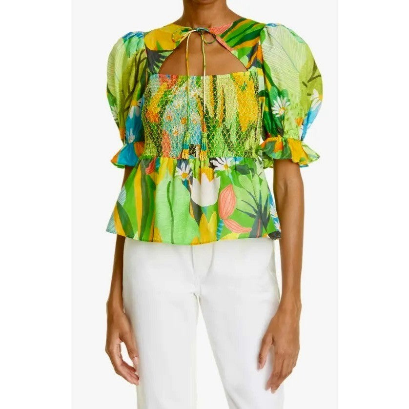 NEW!! FARM RIO Vintage Toucans Smocked Peplum Top Blouse Tropical Small