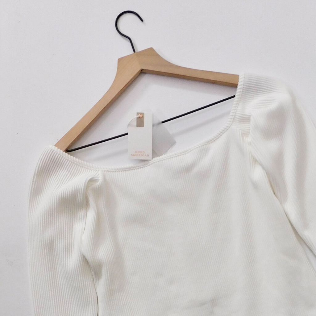 NWT!! GOOD AMERICAN Half Zip Off Shoulder White Ribbed Thong Bodysuit 4 X-Large
