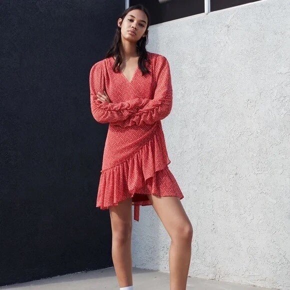 ALLSAINTS Flores Heart Print Wrap Dress Ruched Ruffle Red All Saints X-Small
