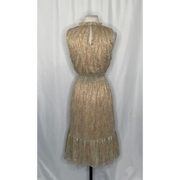 DRAPER JAMES Gold Metallic Smocked Sleeveless Dress Party Holidays Medium