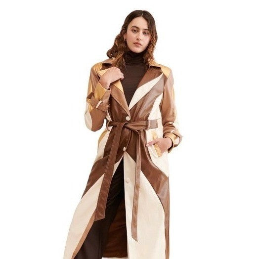 COLIN LOCASCIO Francine Patchwork Trench Coat Vegan Leather Belted Retro Small