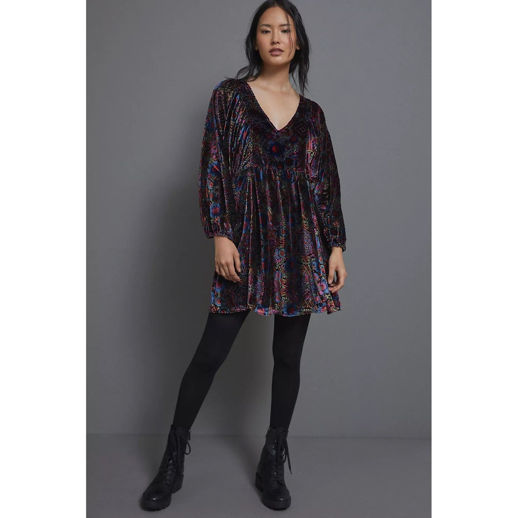 By ANTHROPOLOGIE Mona Floral Burnout Velvet Mini Dress Pockets Party Large
