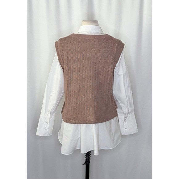 By ANTHROPOLOGIE Twofer Sweater Vest Shirt Blouse Layered Brown White X-Small