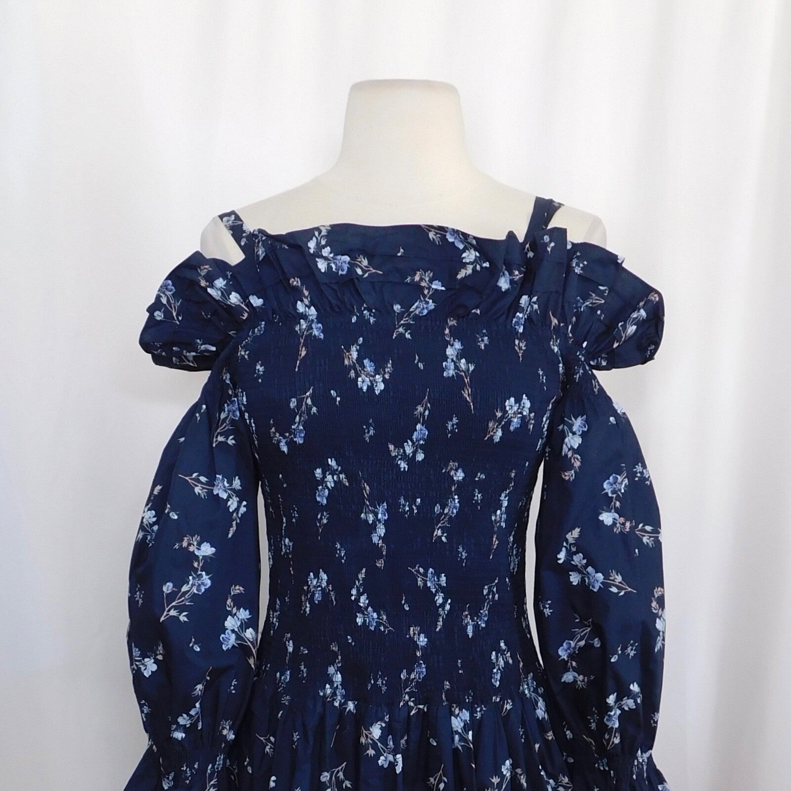 Revolve REBECCA TAYLOR Francine Off Shoulder Dress Floral Smocked Navy Blue 0