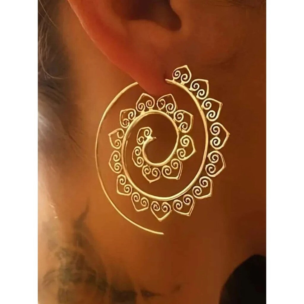 NEW Swirly Hoop Earrings Gold Tone Boho Festival Dangle Round Bohemian Resort