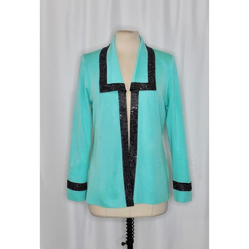 MING WANG Seafoam Green Black Studded Embellished Cardigan Sweater Medium