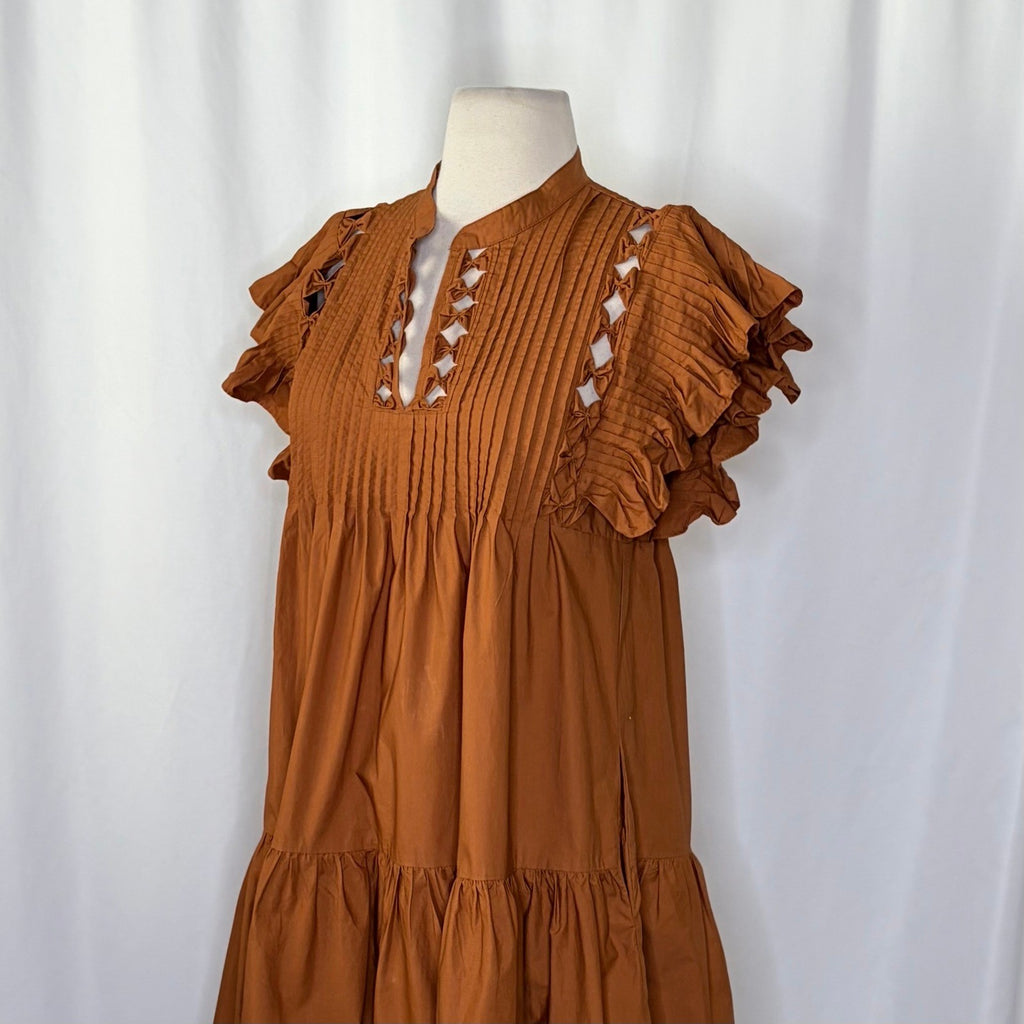 SEA New York Phoebe Ruffled Flutter Sleeve Dress Poplin Pleated Brown Small