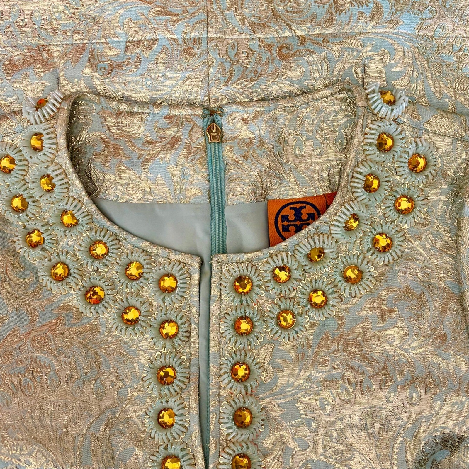 TORY BURCH Lola Top Blouse Aqua Glass Embellished Silk Brocade Floral Size 4
