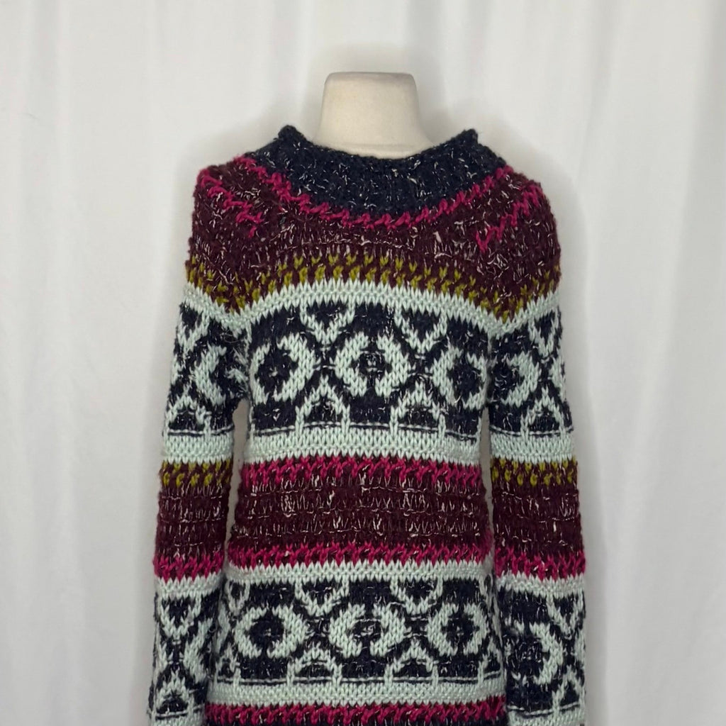 FREE PEOPLE Silver Reed Chunky Knit Fairisle Fair Isle Sweater Wool Linen Small