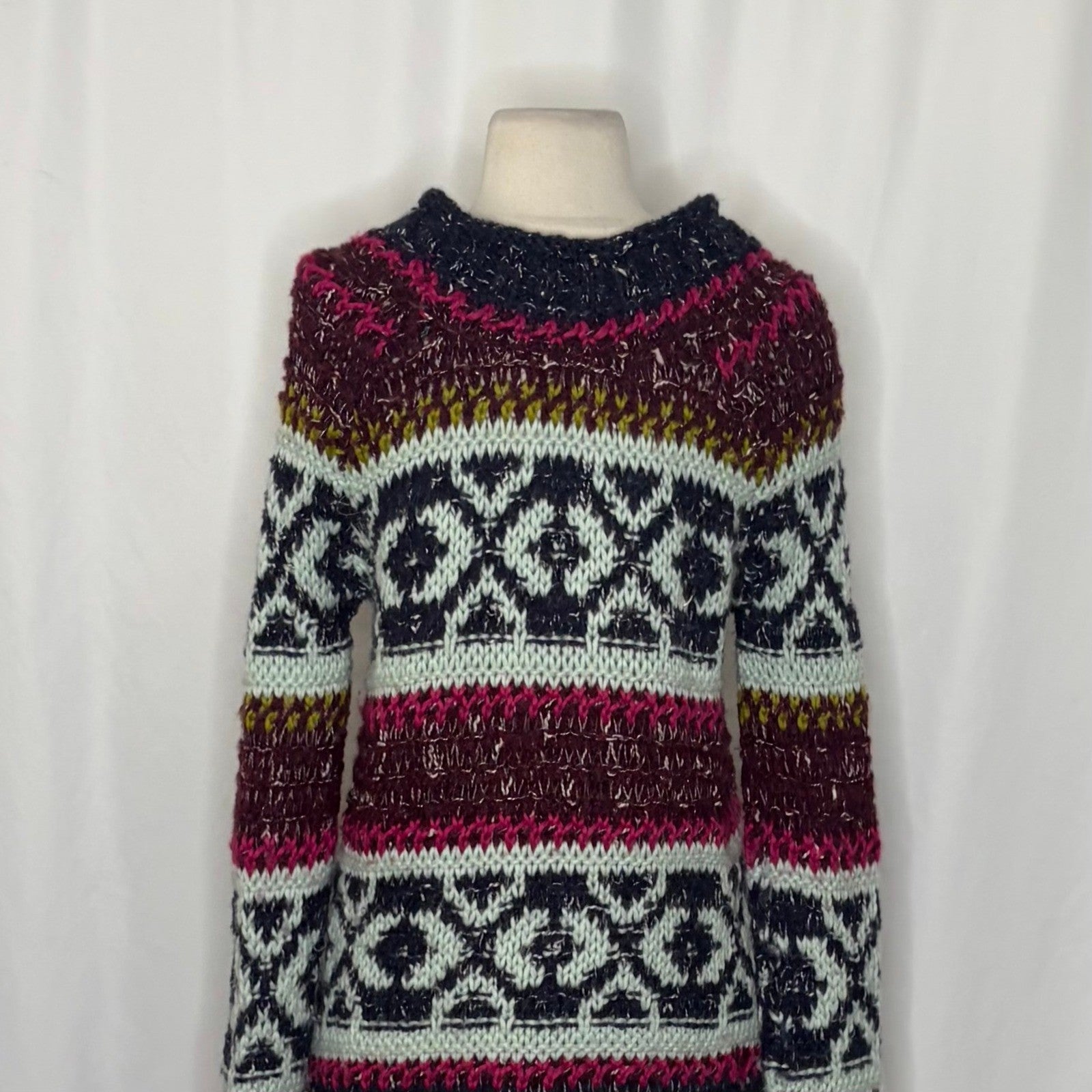 FREE PEOPLE Silver Reed Chunky Knit Fairisle Fair Isle Sweater Wool Linen Small