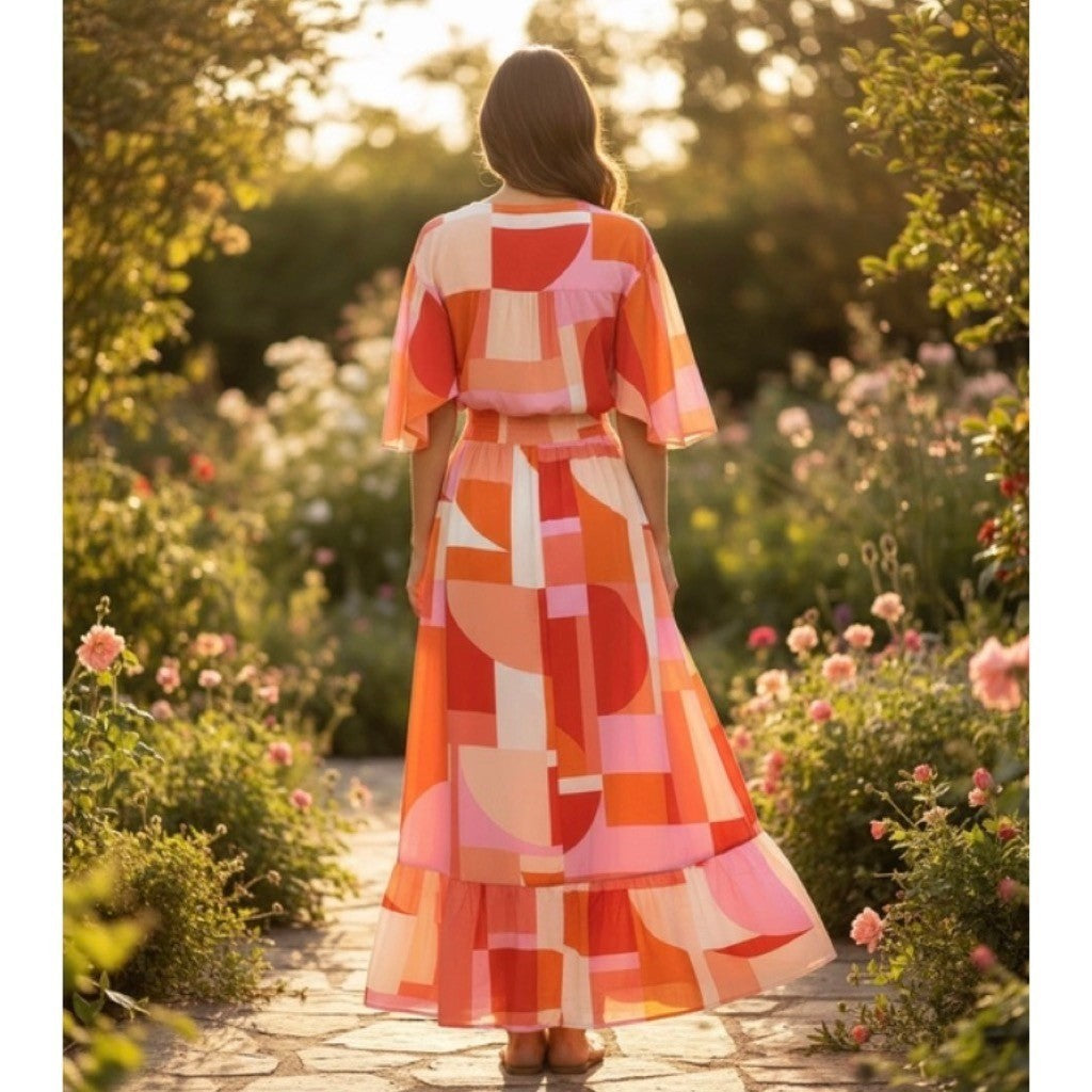 NWT! ATL ABEL THE LABEL Nova Maxi Dress High Low Pink Colorblock Abstract Medium
