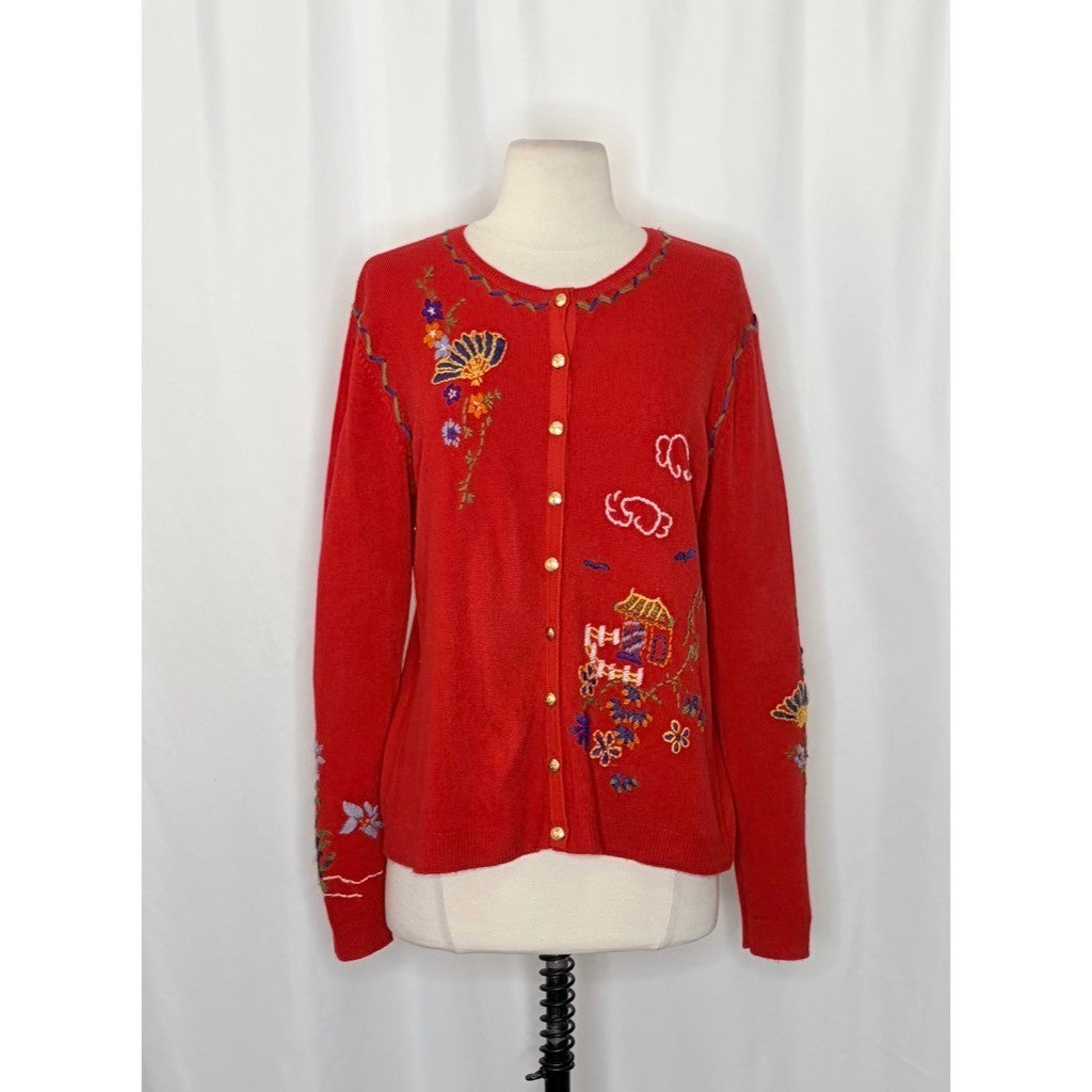 GW JEANS CO. Red Embroidered Asian Floral Cardigan Sweater Medium