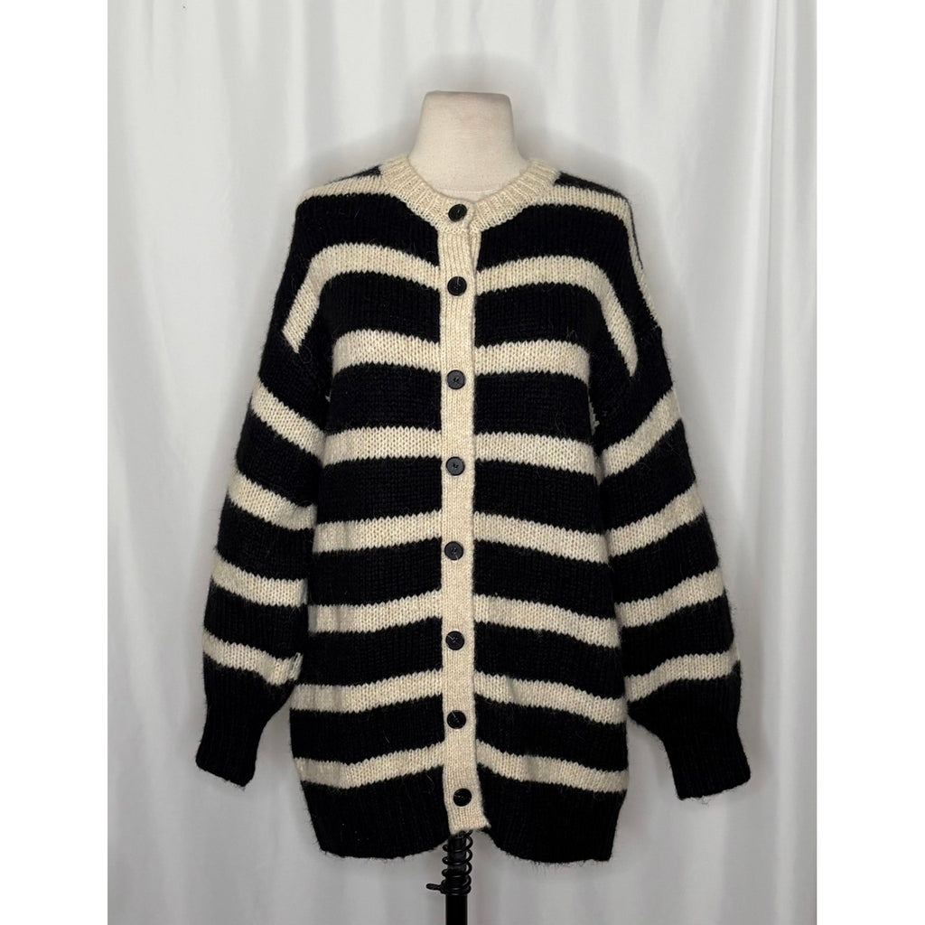 ZARA Long Striped Cardigan Sweater Black Ivory Striped Wool Alpaca Knit Small