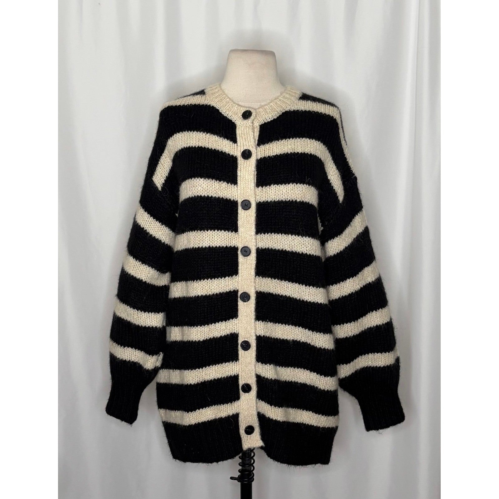 ZARA Long Striped Cardigan Sweater Black Ivory Striped Wool Alpaca Knit Small