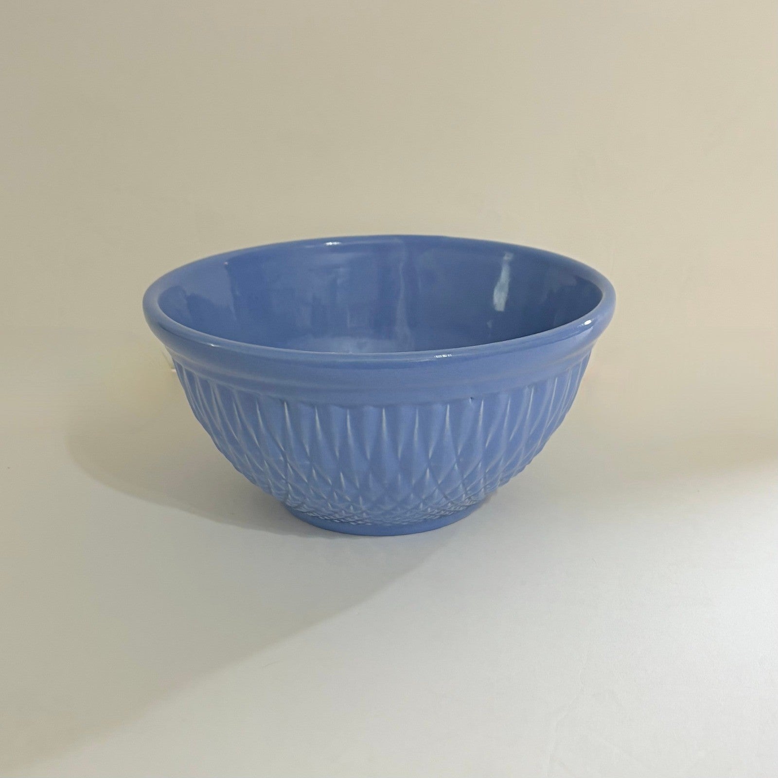 Vintage A.E. HULL Pottery Company Blue Kitchen Bowl Nesting Glossy Diamond