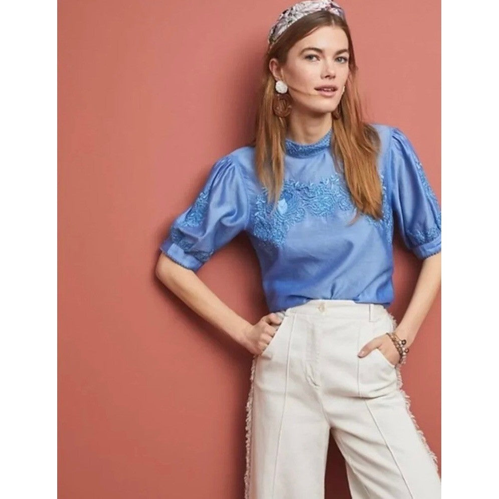 Anthropologie PAYAL JAIN Embroidered Carrington Floral Blouse Top Silk Medium