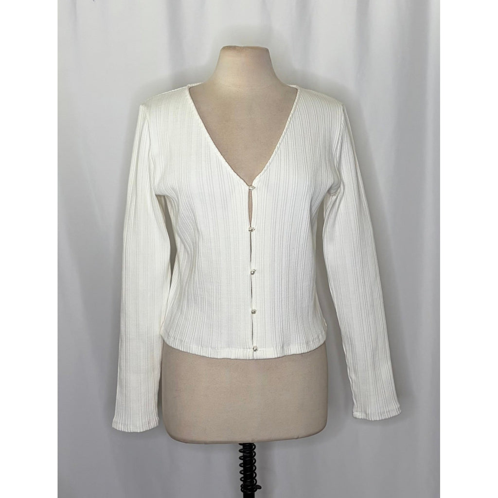 VINCE Pearl Button Cardigan Sweater Off White Ribbed Cropped V Neck X-Large