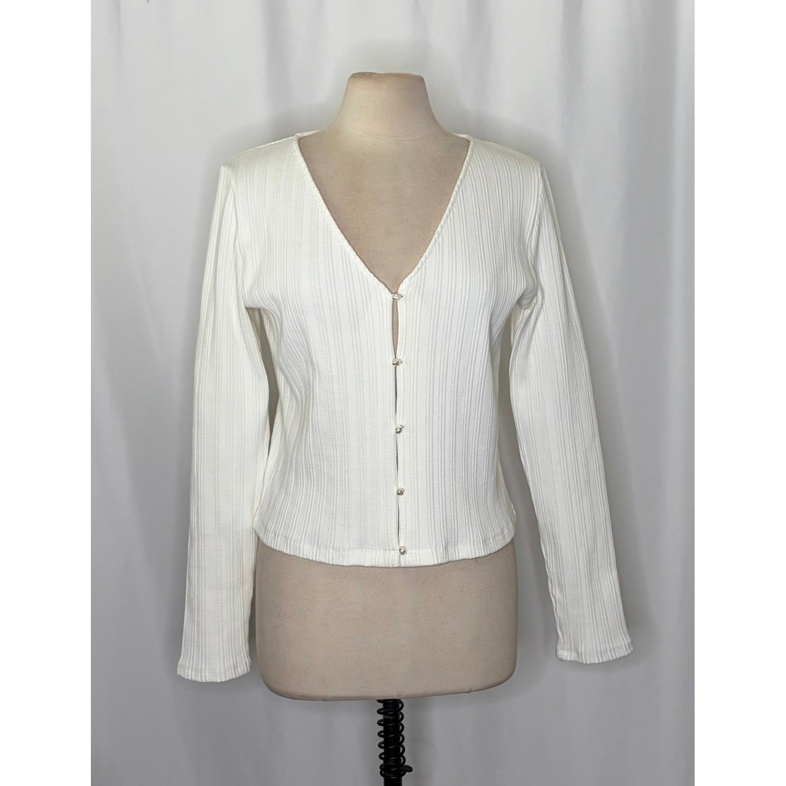 VINCE Pearl Button Cardigan Sweater Off White Ribbed Cropped V Neck X-Large