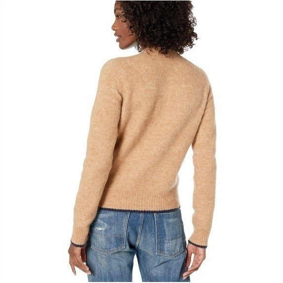 VINCE Contrast Tip Wool Alpaca Pullover Sweater Camel Brown Navy Blue Medium
