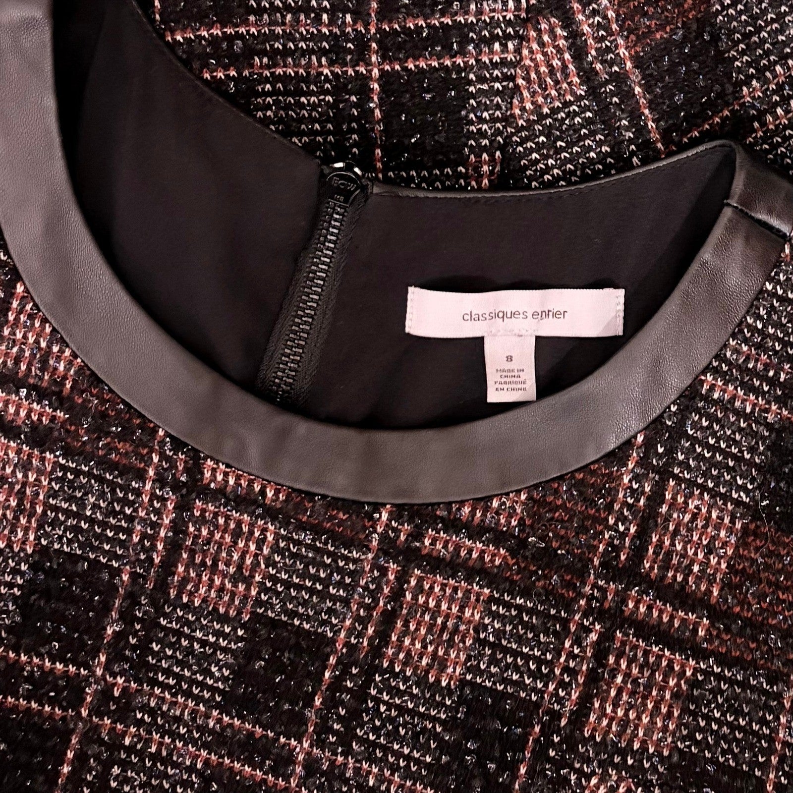 CLASSIQUES ENTIER Stella Tweed A-Line Fit N' Flare Dress Leather Wool Plaid 8