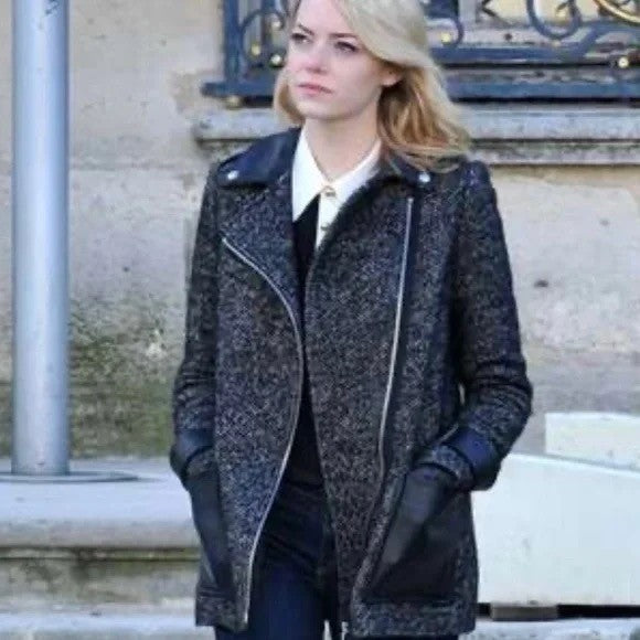 MAJE Ribiera Leather Tweed Coat Moto Inspired Pockets Zipper Size 38 US Medium