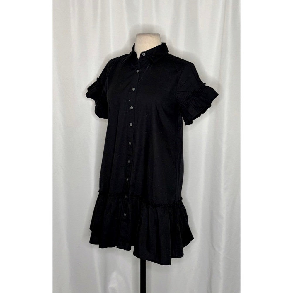 NWT!! J. CREW Factory Ruffle Sleeve Mini Shirtdress Solid Black 2P 2 Petite