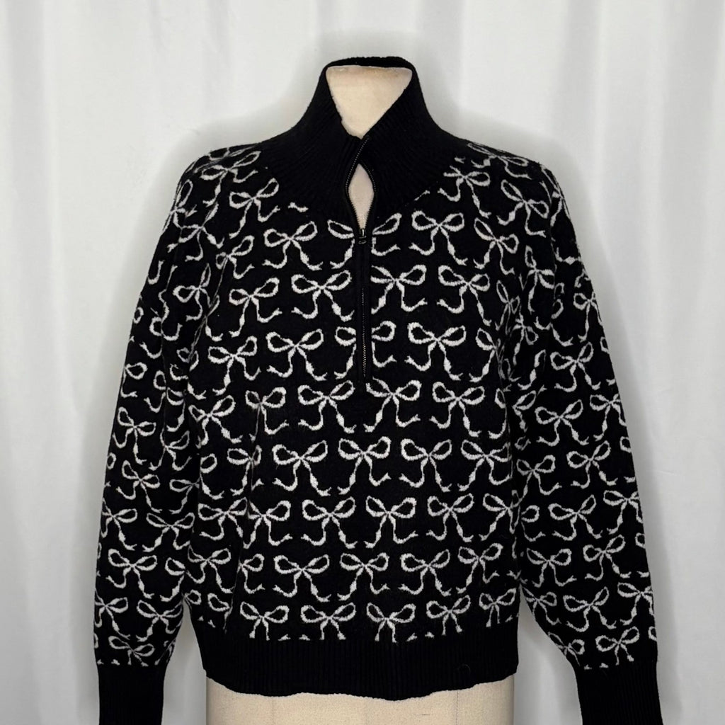 Anthropologie MAEVE Montana Bow Print Sweater Knit Mock Neck Half Zip Large