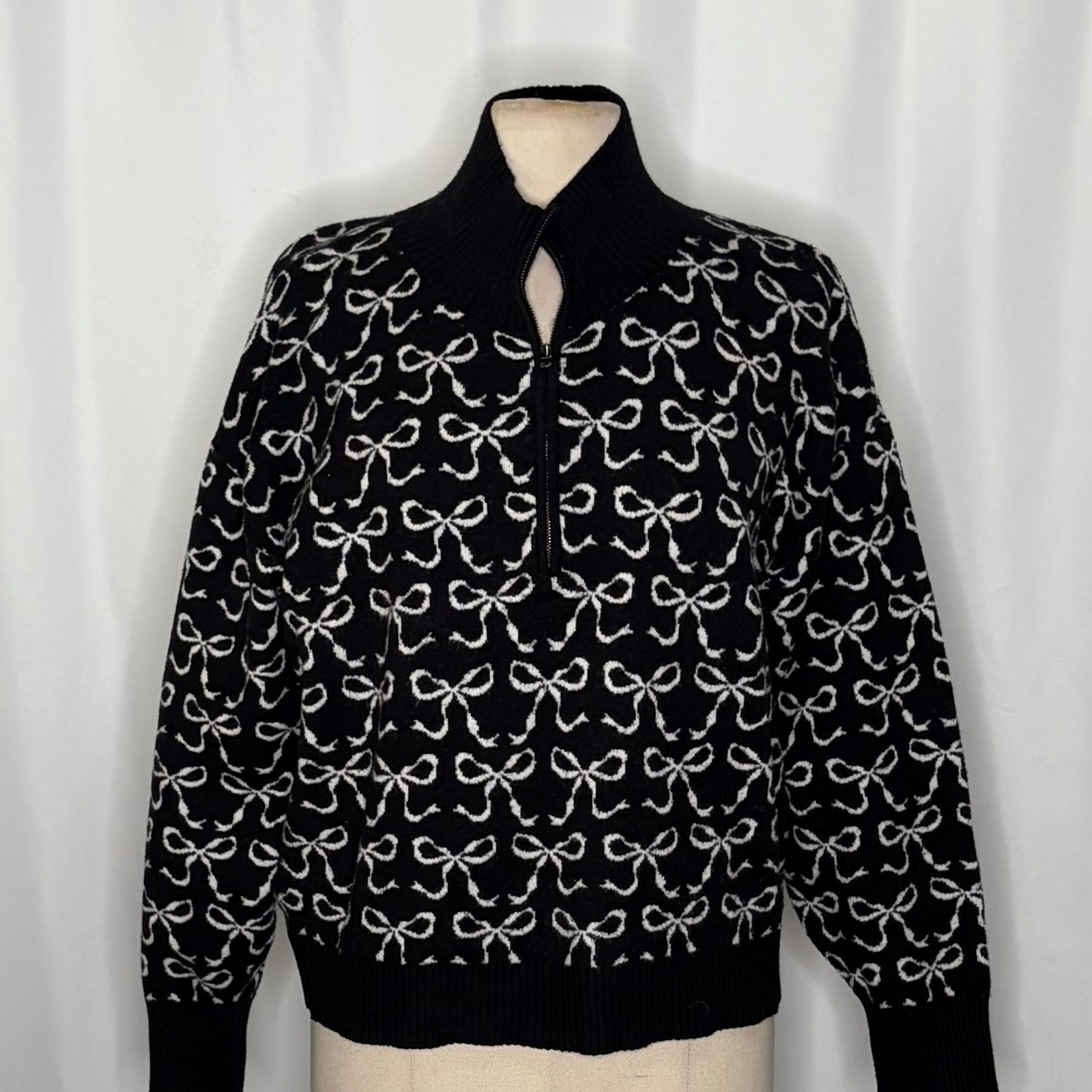Anthropologie MAEVE Montana Bow Print Sweater Knit Mock Neck Half Zip Large