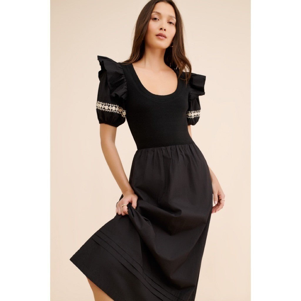 NWT!! CLEOBELLA Selma Midi Dress Embroidered Black Ruffle Puff Sleeves X-Small