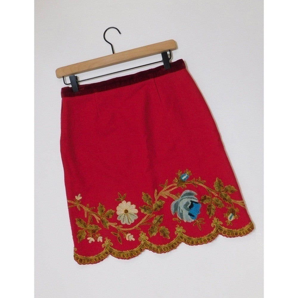 Plenty by TRACY REESE Red Wool Floral Embroidered Appliqued Skirt Size 4