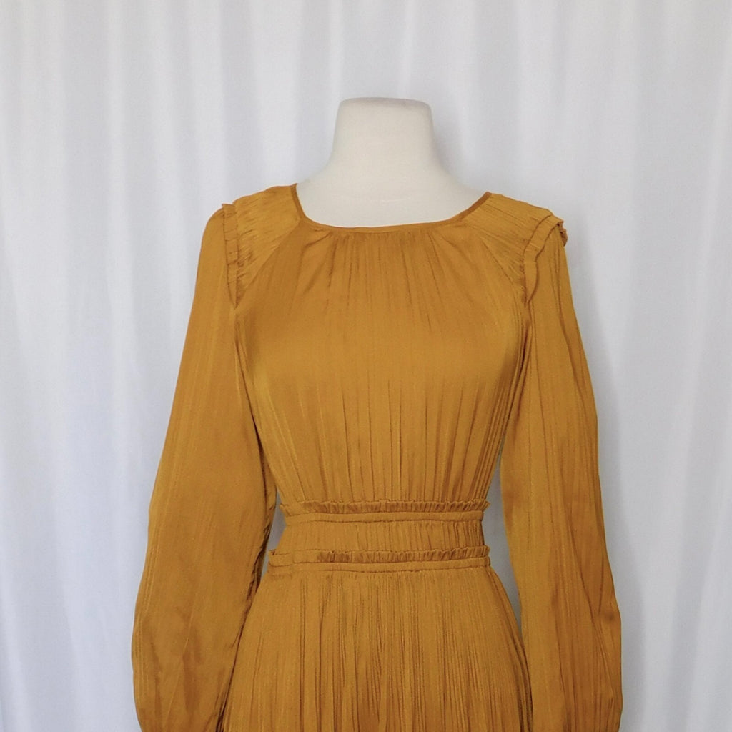 NWT!! Anthropologie MAEVE Saniya Mini Dress Solid Gold Pleated Flirty Small
