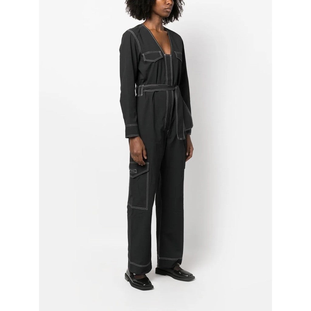 NWT!! GANNI Belted Contrast-Stitch Jumpsuit Black Cargo Pockets Organic Cotton 8
