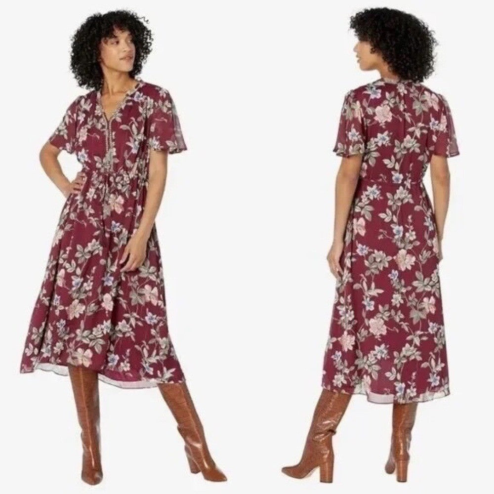 TOMMY BAHAMA Painted Petal Midi Floral Dress Metallic Embellished Beads X-Small