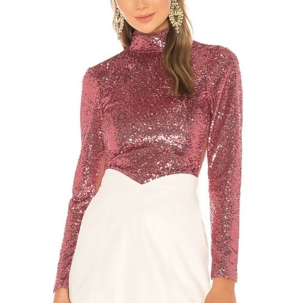 CINQ A SEPT Joan Sequin Top Blouse Rosewood Pink Mock Neck Sequinned X-Small