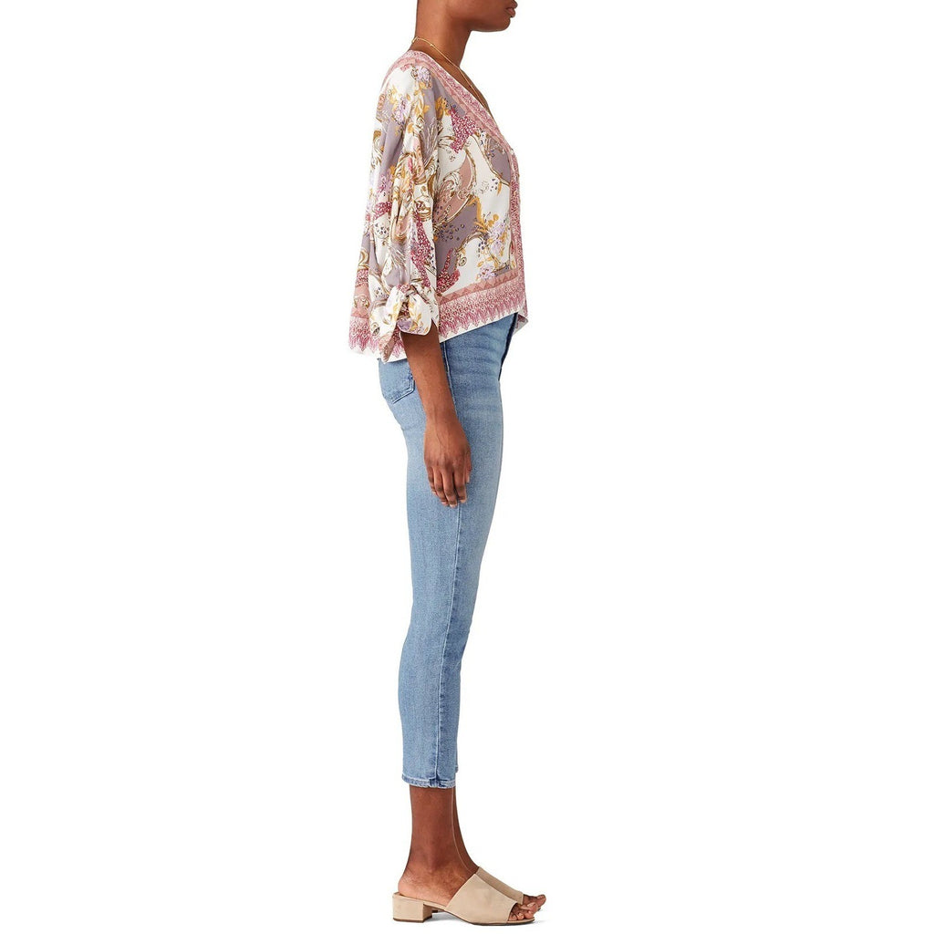 FREE PEOPLE Catch Me If You Can Top Blouse Boho Floral Tie Sleeves Pink Small