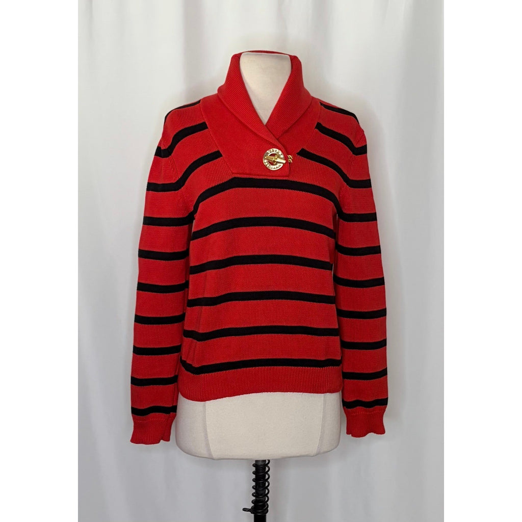 Lauren RALPH LAUREN Red Navy Blue Stripe Shawl Collar Sweater Knit Medium